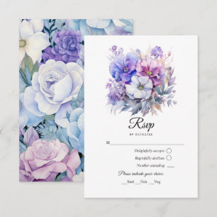 Cartão RSVP Casamento Floral Prateado, Azul Gelo e Lilás