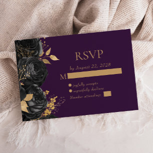 Cartão RSVP Casamento Floral Preto Dourado Roxo Elegante