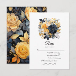 Cartão RSVP Casamento Floral Preto e Dourado