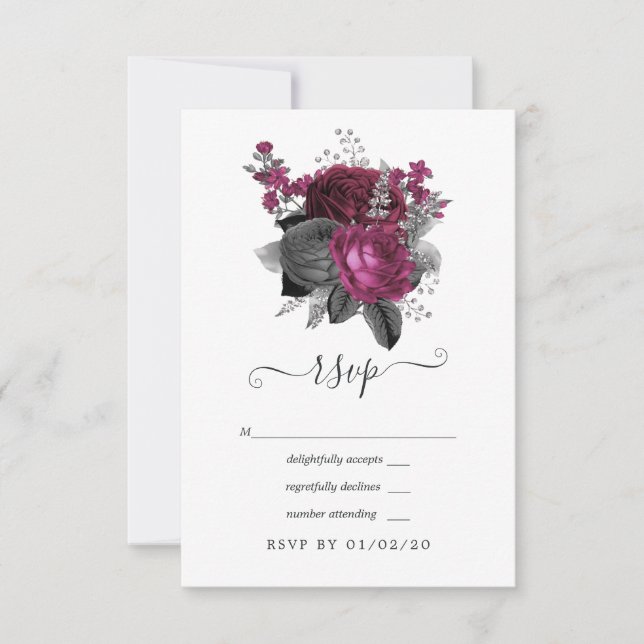Cartão RSVP Casamento Floral Preto e Marsala Prateado (Frente)