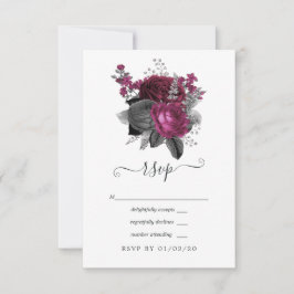 Cartão RSVP Casamento Floral Preto e Marsala Prateado
