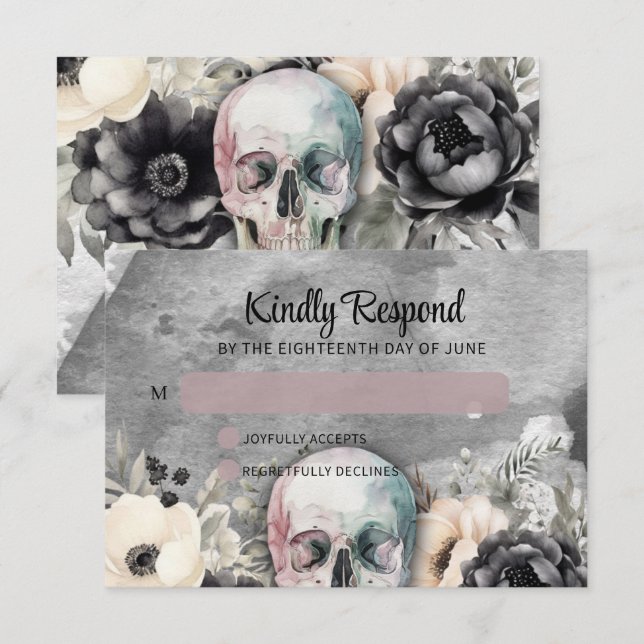Cartão RSVP Casamento Floral Preto-Gótico Peony & Skull (Frente/Verso)