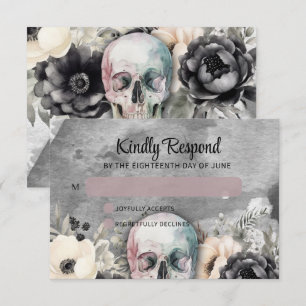 Cartão RSVP Casamento Floral Preto-Gótico Peony & Skull