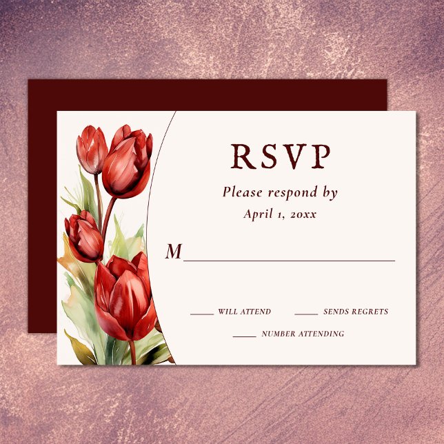 Cartão RSVP Casamento Floral Primavera (Watercolor Red Tulips Spring Floral Wedding RSVP Card)