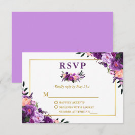Cartão RSVP Casamento Floral Purple Dourado Elegante