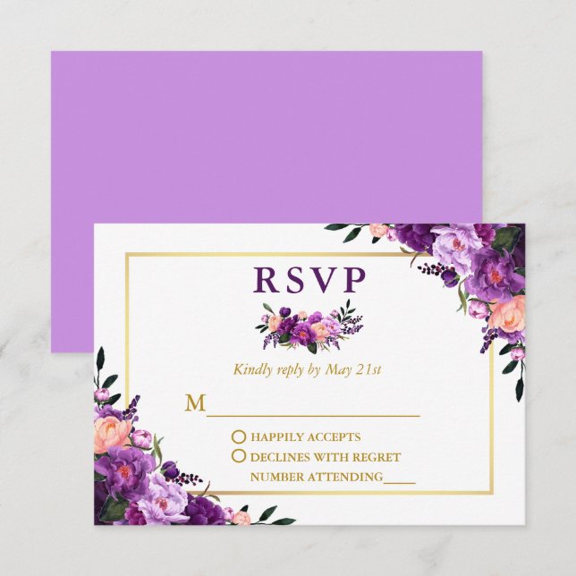 Cartão RSVP Casamento Floral Purple Dourado Elegante (Frente/Verso)