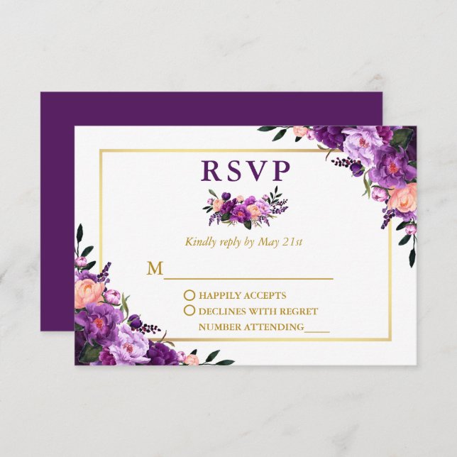 Cartão RSVP Casamento Floral Púrpura de Aquarela Elegante Dour (Frente/Verso)