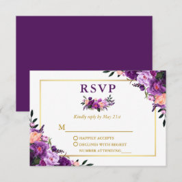 Cartão RSVP Casamento Floral Púrpura de Aquarela Elegante Dour