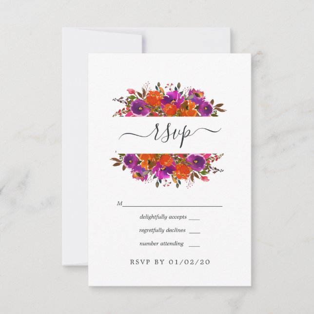 Cartão RSVP Casamento Floral Púrpura e Laranja (Frente)