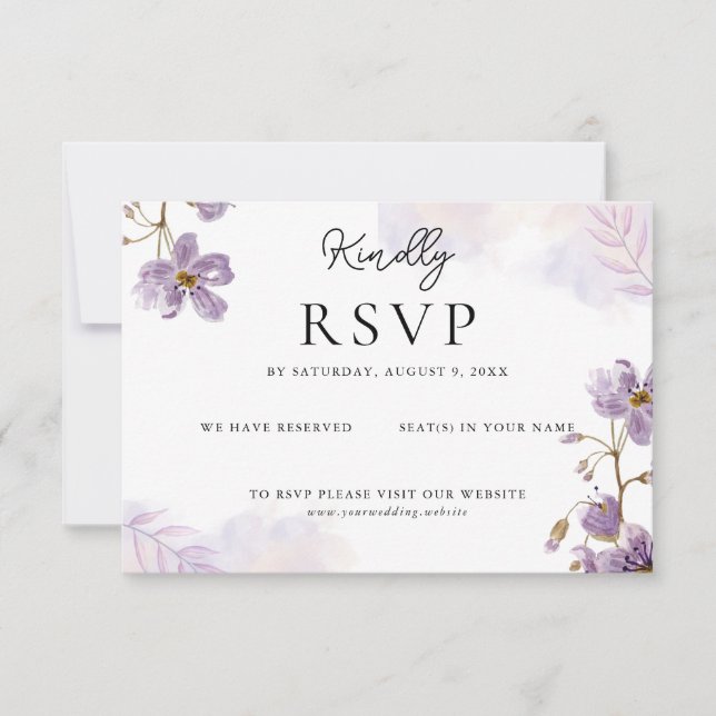 Cartão RSVP Casamento Floral Púrpura Elegante (Frente)