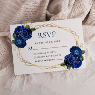 Cartão RSVP Casamento Floral Real Azul Geométrico