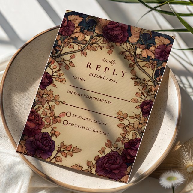 Cartão RSVP Casamento Floral Romântico Escuro (Criador carregado)