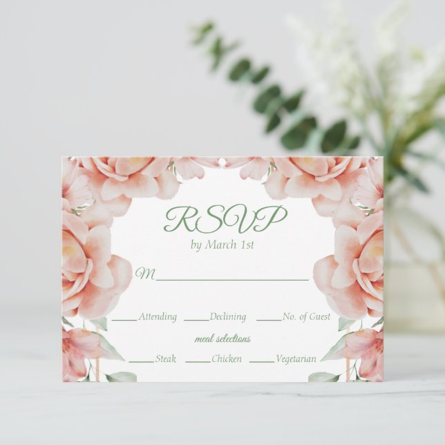 Cartão RSVP Casamento Floral Rosa (Em pé/Frente)