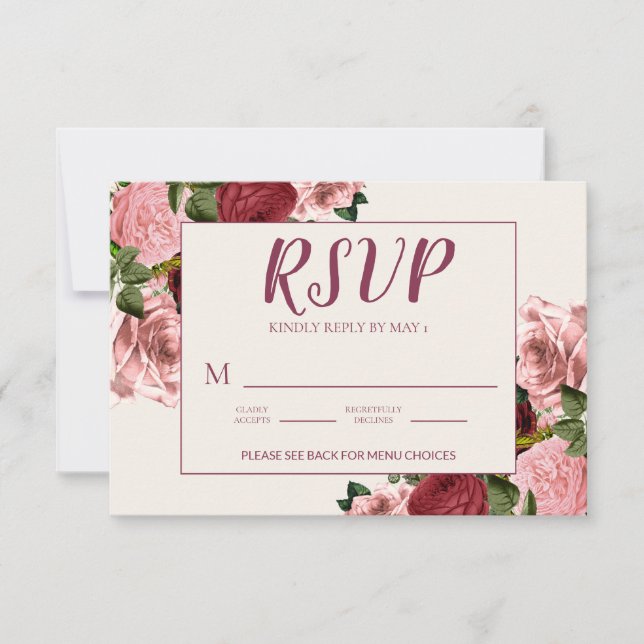 Cartão RSVP Casamento Floral Rosa Bege Burgundy Romântico (Frente)
