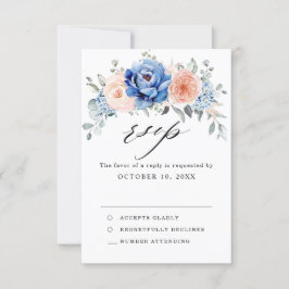 Cartão RSVP Casamento Floral Rosa Bege Poeira Azul Naval