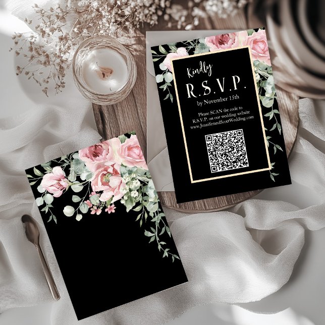 Cartão RSVP Casamento Floral Rosa com Aquarela Preta (Black Pink and Gold Floral Boho Wedding RSVP)
