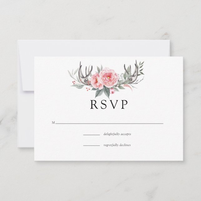 Cartão RSVP Casamento Floral, Rosa e Cinza (Frente)