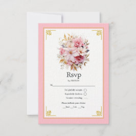 Cartão RSVP Casamento Floral Rosa e Dourado