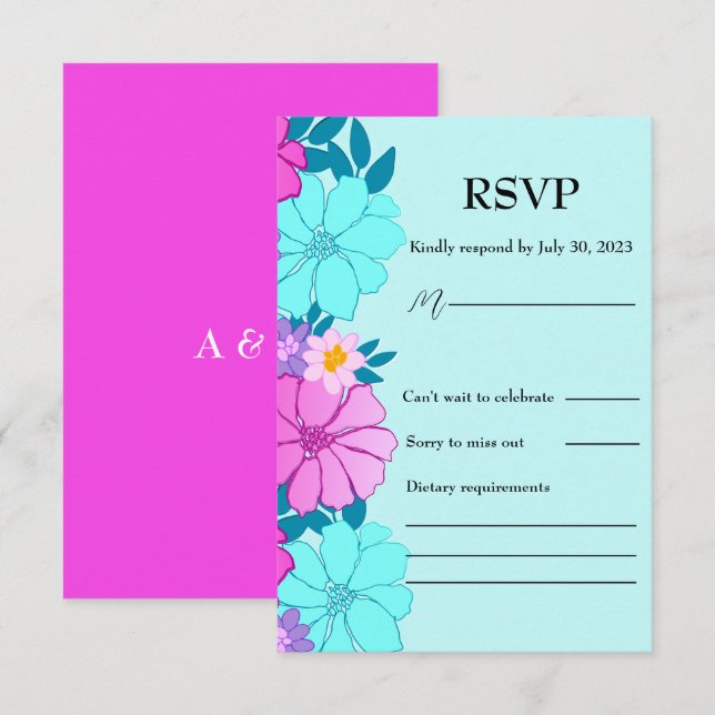 Cartão RSVP Casamento Floral Rosa e Teal (Frente/Verso)