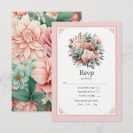 Cartão RSVP Casamento Floral Rosa Empoeirado, Verde Menta e Bl