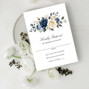 Cartão RSVP Casamento Floral Rosa Marfim e Azul Navy Empoeirad