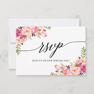 Cartão RSVP Casamento Floral Rosa-Rosa-Elegante Moderno