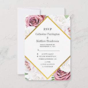 Cartão RSVP Casamento Floral Rosa-Rosa-Quadro Geométrico Doura