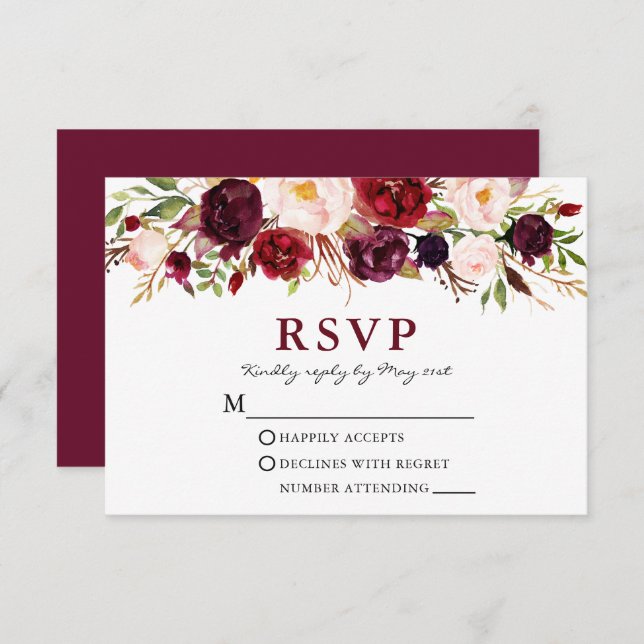 Cartão RSVP Casamento Floral Rosa Rosa-Rosa-Burgundy Elegante (Frente/Verso)