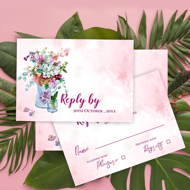 Cartão RSVP Casamento Floral Rosa Rosa-Rosa-Rosa-Russo (Rustic Watercolor Wildflower Pink Floral Wedding RSVP Card)