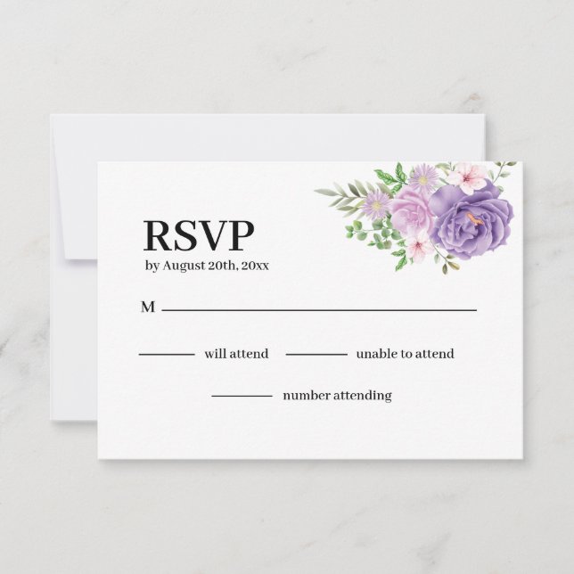 Cartão RSVP Casamento Floral Rosa Roxo (Frente)