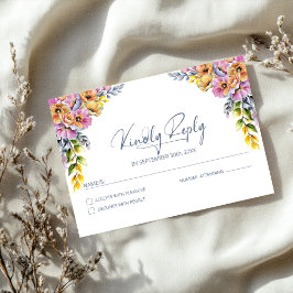 Cartão RSVP Casamento Floral Rosa Vibrante e Laranja