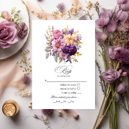 Cartão RSVP Casamento Floral Roxa e Dourado
