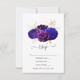 Cartão RSVP Casamento Floral Roxo, Azul Real e Dourado