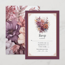Cartão RSVP Casamento Floral Roxo, Cinza, Cobre e Rosa Empoeir