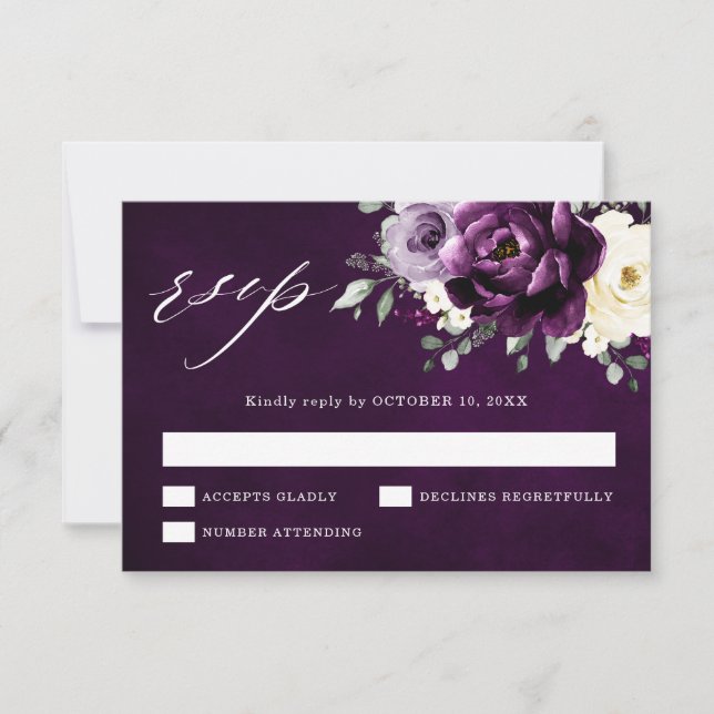 Cartão RSVP Casamento Floral Roxo de Plum Ivory White RS (Frente)