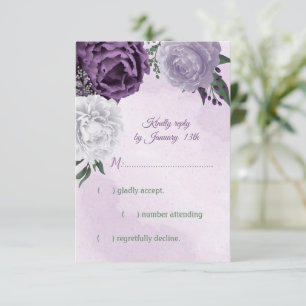 Cartão RSVP casamento floral roxo e branco