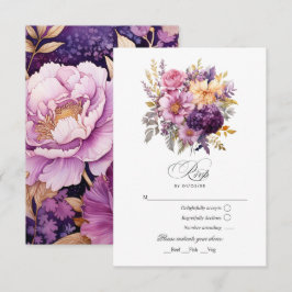 Cartão RSVP Casamento Floral Roxo e Dourado