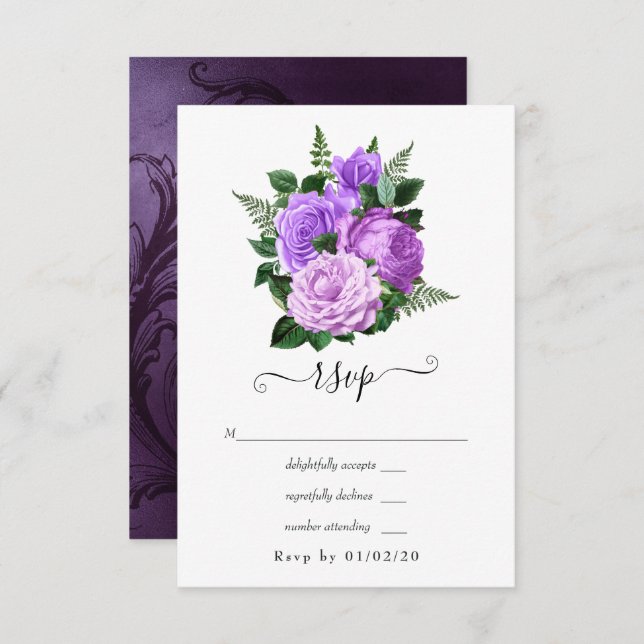 Cartão RSVP Casamento Floral Roxo e Verde (Frente/Verso)