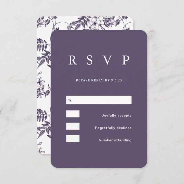 Cartão RSVP Casamento Floral Roxo Elegante (Frente/Verso)