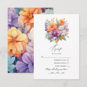 Cartão RSVP Casamento Floral Roxo Pastel, Laranja e Hortelã