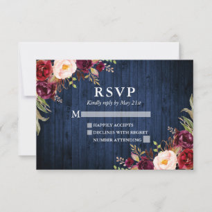 Cartão RSVP Casamento Floral Russo De Madeira Azul