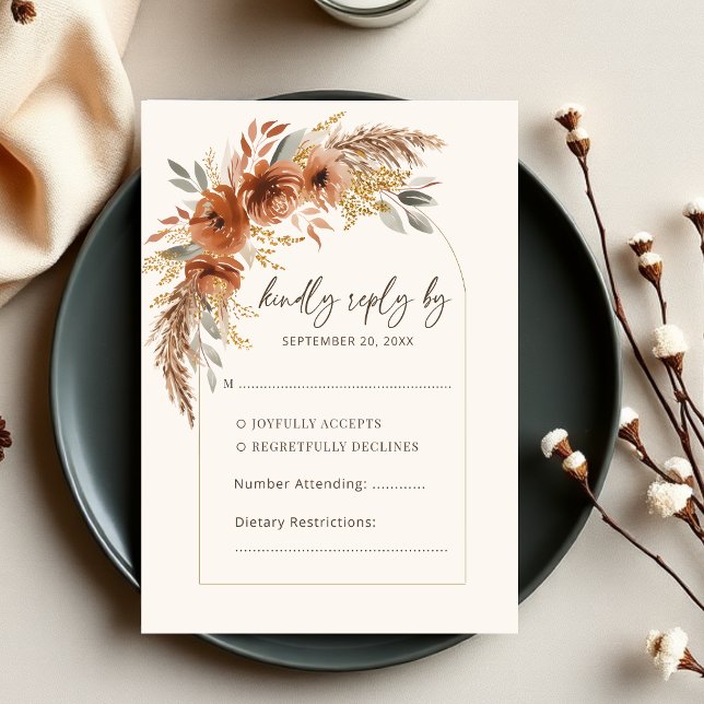 Cartão RSVP Casamento Floral Russo de Terracotta (Elegant Rust Terracotta Fall Floral Wedding RSVP Card)