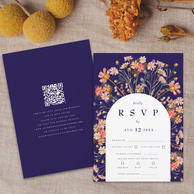 Cartão RSVP Casamento Floral Russo marinho Blue Boho (Boho fall rustic wildflower floral arch Navy blue and white wedding RSVP qr code card modern elegant)