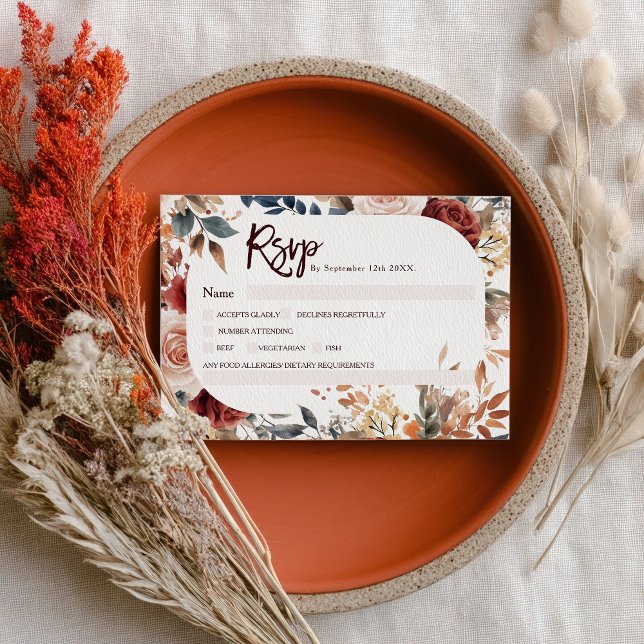 Cartão RSVP Casamento Floral Russo Neutral Burgundy Boho Fall (Rustic Neutral Burgundy Boho Fall Floral Wedding RSVP Card)