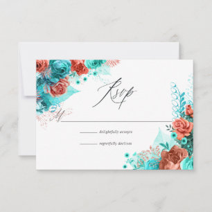 Cartão RSVP Casamento Floral Russo-Turquesa e Coral
