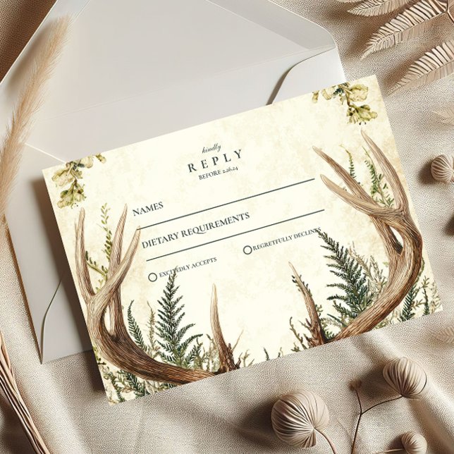 Cartão RSVP Casamento Floral Rustic Antler Woodland (Criador carregado)