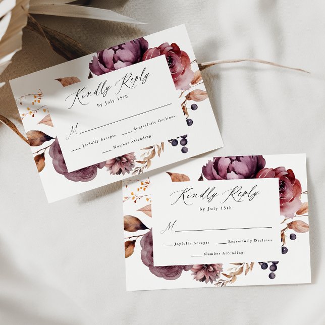 Cartão RSVP Casamento Floral Rustic Autumn Marsala (Criador carregado)