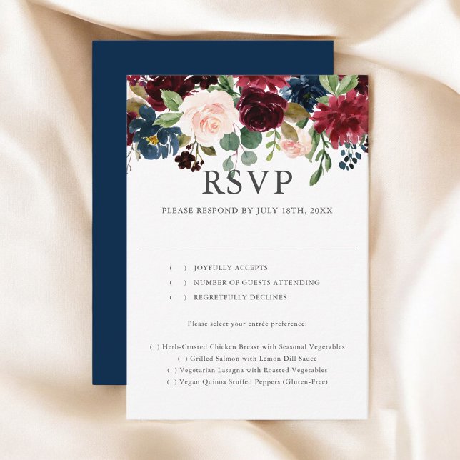 Cartão RSVP Casamento Floral Rustic Blue Burgundy (Criador carregado)