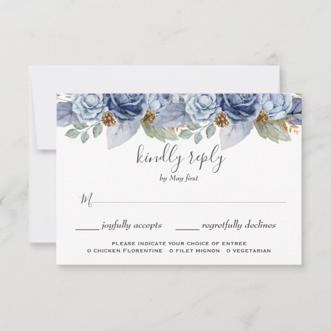 Cartão RSVP Casamento Floral Rustic Blue Winter (Frente)