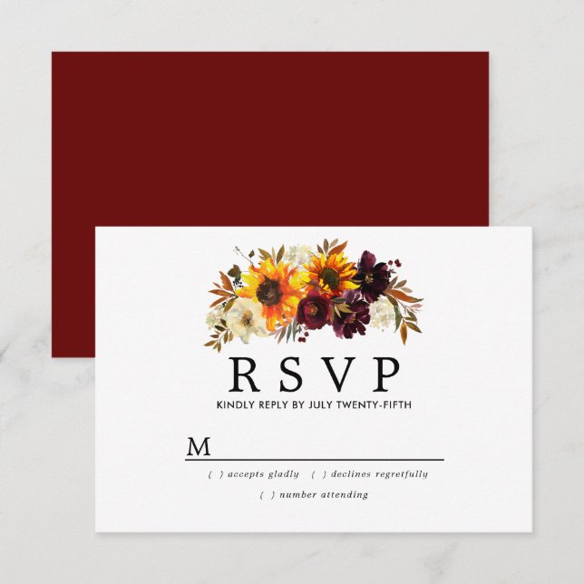 Cartão RSVP Casamento Floral Rustic Burgund Red (Frente/Verso)